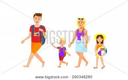 Holidaymakers Color Cartoon Characters Collection. Family On Vacation Isolated Illustrations Set. Ph