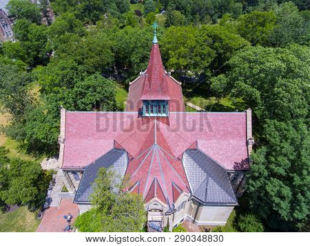 Aerial view of Wellesley College Chapel in Wellesley, Massachusetts, USA.