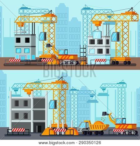 Sky Scraper Construction Flat Compositions With Building Site Of Tall Houses On City Background Vect