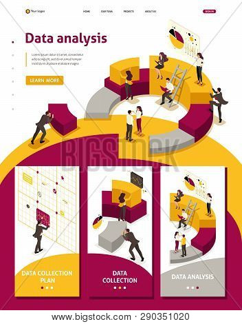 Isometric Website Template Landing Page Collecting And Analyzing Data, People Collect A Chart.