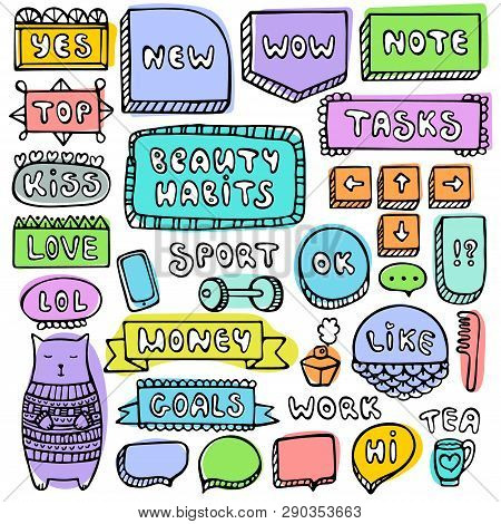 Bullet Journal Hand Drawn Vector Elements For Notebook, Diary And Planner. Doodle Frames Set Isolate
