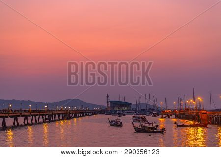Scenery Sunset At Sarasin Bridge. The Bridge Is The Most Important In Making Businesses 
From The Pr