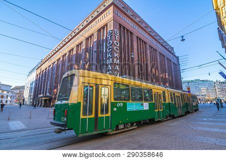 Street Store Building Stockmann And Tram. Finland, Helsinki. 02 March 2019