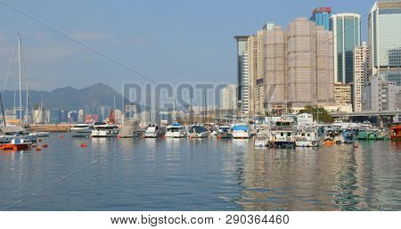 Causeway Bay, Hong Kong -22 February 2019: Hong Kong harbor side, typhoon shelter