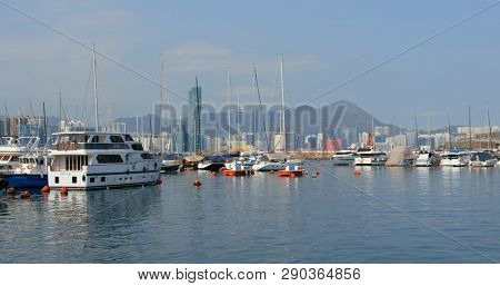 Causeway Bay, Hong Kong -22 February 2019: Hong Kong harbor side, typhoon shelter