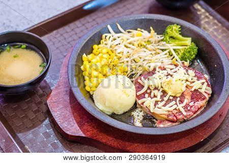 Sizzling Hotplate Ribeye Steak With Corn, Beansprout, Broccoli,  Rice And Miso Soup.