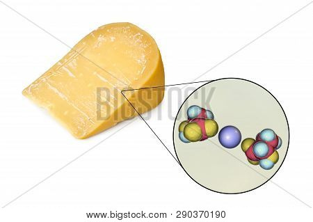 Calcium Lactate Crystals On Cheese Surface, Photo And 3d Illustration With Close-up View Of Ca Lacta