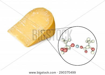 Calcium Lactate Crystals On Cheese Surface, Photo And 3d Illustration With Close-up View Of Ca Lacta