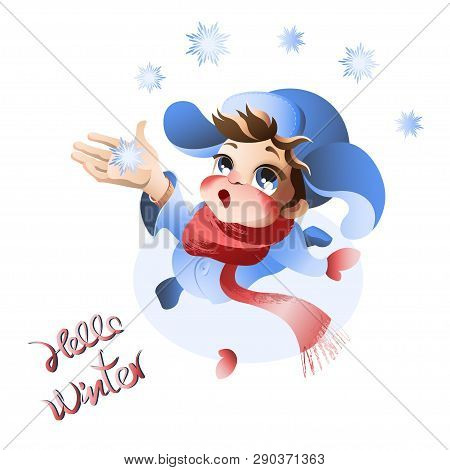 Adorable Boy Catches The First Snowflake. Hello Winter