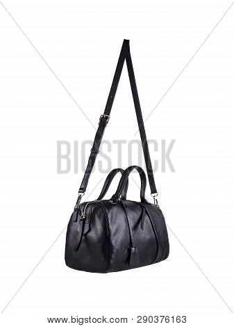Black Leather Duffle Bag With Shoulder Strap Isolated On White Background