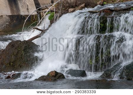 Boulders And Debris Captured In The Power Of A Waterfall In Joplin, Missouri On A Fall Afternoon.