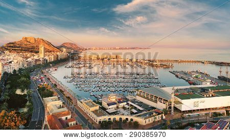 Aerial Photography Drone View Alicante Cityscape Above Panorama Main Landmark In City Center Santa B