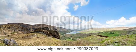 Panoramic Landscape  With A Lake In Gleninchaquin Park In Spring. Kenmare, County Kerry, Ireland