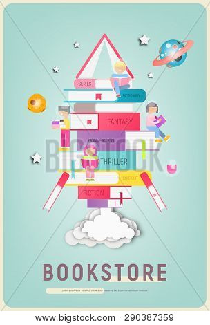 Bookstore Poster - Small Characters Reading Books On Books Stacked In Rocket Silhouette. Concept - K