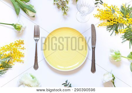 Spring Floral Table Settings With Spring Flowers. Top View Empty Plate. Flat Lay Card. Copy Space