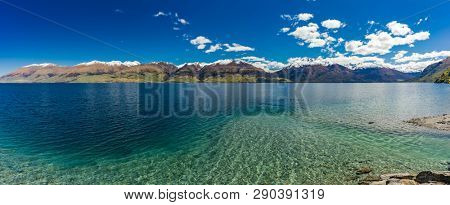 Aerial drone view of north side of Lake Wanaka at Makarora, South Island, New Zealand