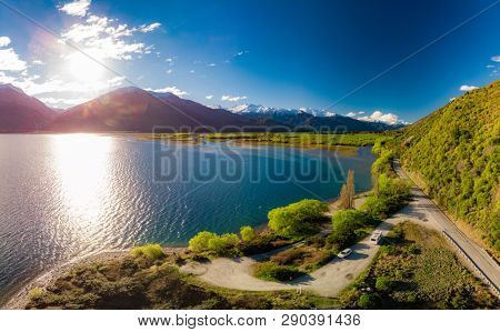 Aerial drone view of north side of Lake Wanaka at Makarora, South Island, New Zealand