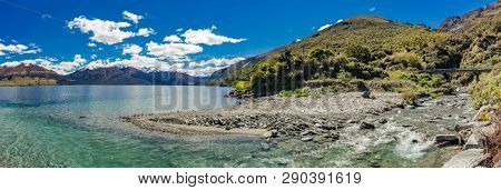 Aerial drone view of north side of Lake Wanaka at Makarora, South Island, New Zealand