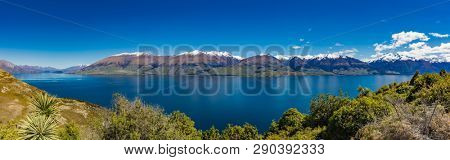 Aerial drone view of north side of Lake Wanaka at Makarora, South Island, New Zealand