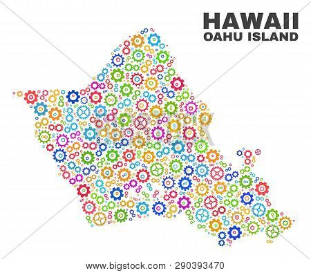 Mosaic Technical Oahu Island Map Isolated On A White Background. Vector Geographic Abstraction In Di