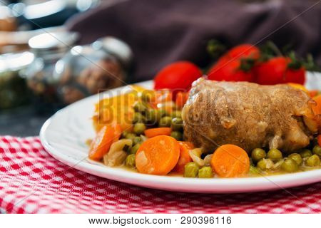 Beef meat stewed with potatoes-Traditional French cuisine Beef Bourguignon potatoes carrots in persillade