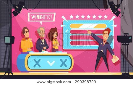 Popular Tv Guess Word Game Television Show Final Moment Cartoon Composition With Host Contestants Wi
