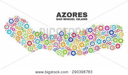 Mosaic Technical Sao Miguel Island Map Isolated On A White Background. Vector Geographic Abstraction