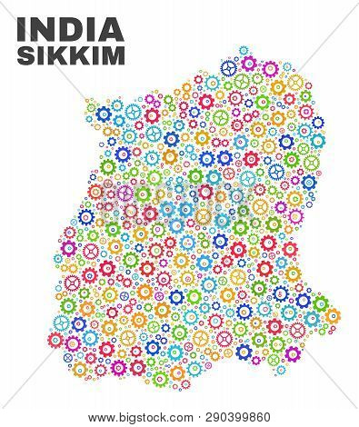 Mosaic Technical Sikkim State Map Isolated On A White Background. Vector Geographic Abstraction In D