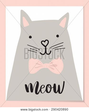 Cute Cat Vector Illustration. T-shirt Print Design. Animal Drawing, Children Illustration For School