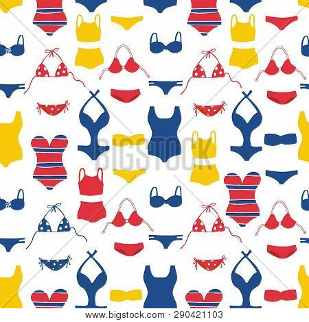 Bright Summer Swimsuits On White Background. Vector Seamless Pattern