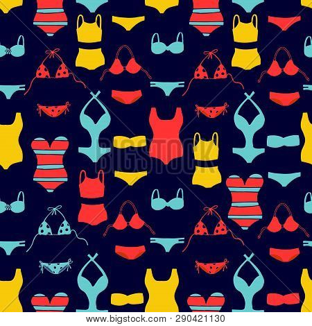 Bright Summer Swimsuits On White Background. Vector Seamless Pattern