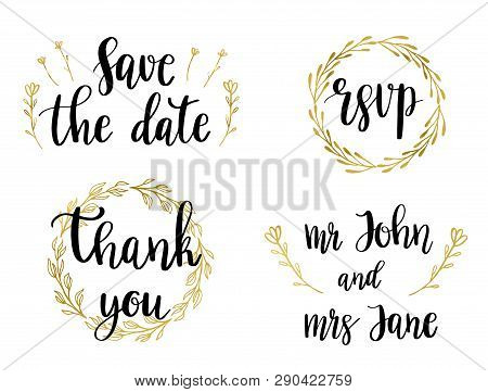 Wedding Set Of Lettering Quotes And Phrases. Vector Illustration Of Black Text In Golden Wreaths