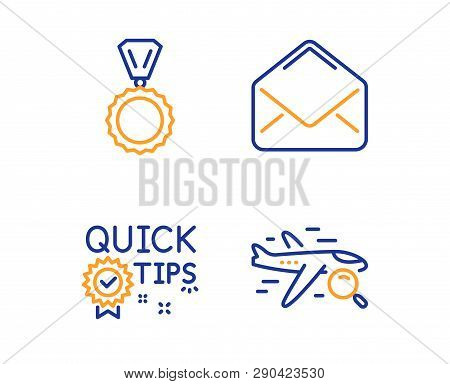 Quick Tips, Mail And Medal Icons Simple Set. Search Flight Sign. Helpful Tricks, E-mail, Winner. Fin