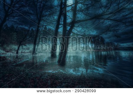 Bruchers Dam In Marienheide By Night. Fantasy Composing.