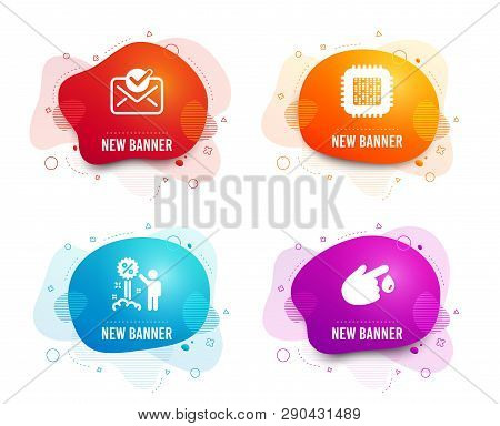 Liquid Badges. Set Of Approved Mail, Cpu Processor And Discount Icons. Blood Donation Sign. Confirme