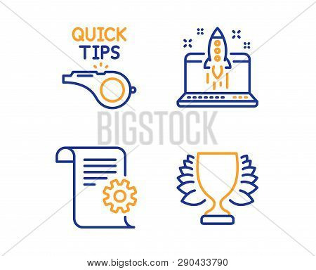Start Business, Technical Documentation And Tutorials Icons Simple Set. Winner Sign. Launch Idea, Ma