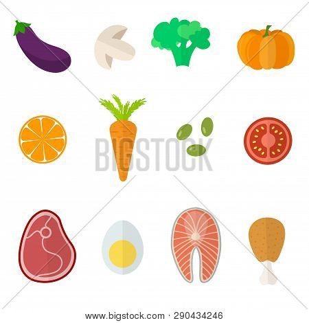 Set Of Flat Design Icons For Food And Drink. Healthy Food Concept. Ftuits, Vagatables And Proteins I