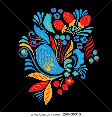 Bright Embroidery With Flowers, Berrias And Bird. Tshirt Or Tote Bag Ethnic Fashion Design.