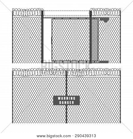 Security Fence And Gate. Metal Fences With Barbed Wire Isolated On White Background, Vector Wires Ch