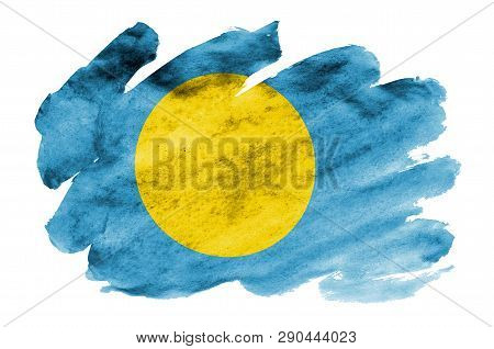 Palau Flag  Is Depicted In Liquid Watercolor Style Isolated On White Background
