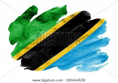 Tanzania Flag  Is Depicted In Liquid Watercolor Style Isolated On White Background