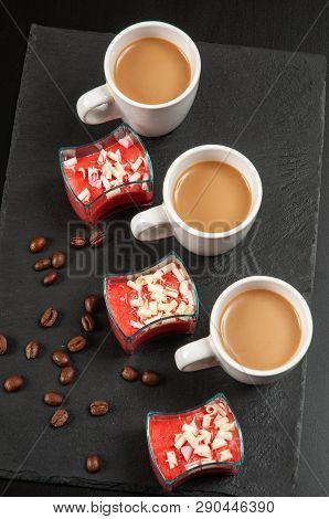 Mini Dessert And Coffee On Dark Background
