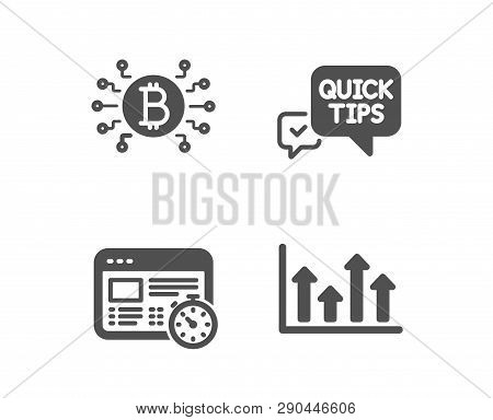 Set Of Bitcoin System, Web Timer And Quick Tips Icons. Upper Arrows Sign. Cryptocurrency Scheme, Onl