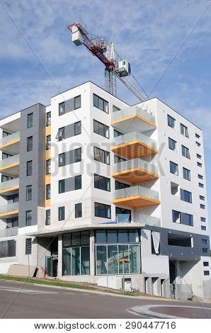 Gosford, New South Wales, Australia - March 20, 2019:  Building Progress, All Scaffolding And Blue S