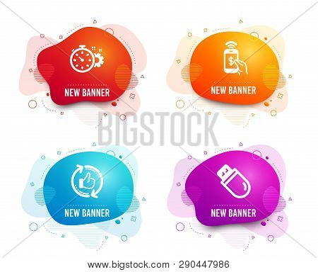 Liquid Badges. Set Of Phone Payment, Cogwheel Timer And Refresh Like Icons. Usb Stick Sign. Mobile P