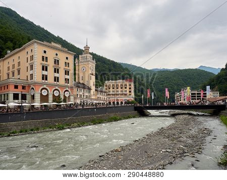 Sochi - Russian Feseration - July 17, 2017 - Town Hall Building With A Clock In The Village Of Rosa 