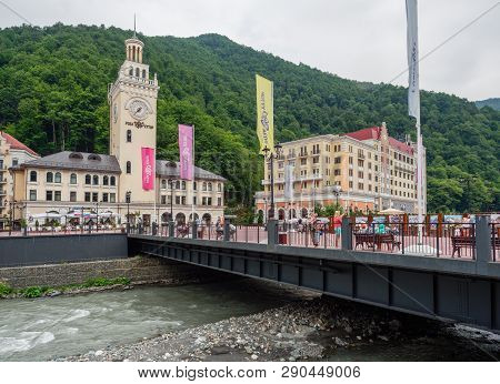 Sochi - Russian Feseration - July 17, 2017 - Town Hall Building With A Clock In The Village Of Rosa 