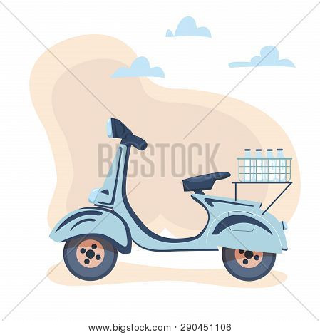 Fast Milk Delivery Service Concept On The Scooter. Blue Scooter With Milk Crate On The Luggage Carri