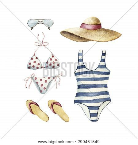 Summer Apparel For Beach Vacation Bikini Swimsuit Floppy Hat Flip-flops And Sunglasses, Watercolor I