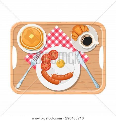 Wooden Tray. Breakfast Concept. Appetizing Delicious Breakfast Of Coffee, Fried Egg With Sausage, Cr